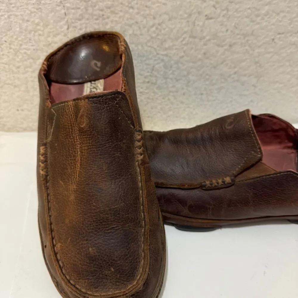 Olukai Moloa Dark Wood Dark Java Leather Slip On Shoes Men’s Size 9